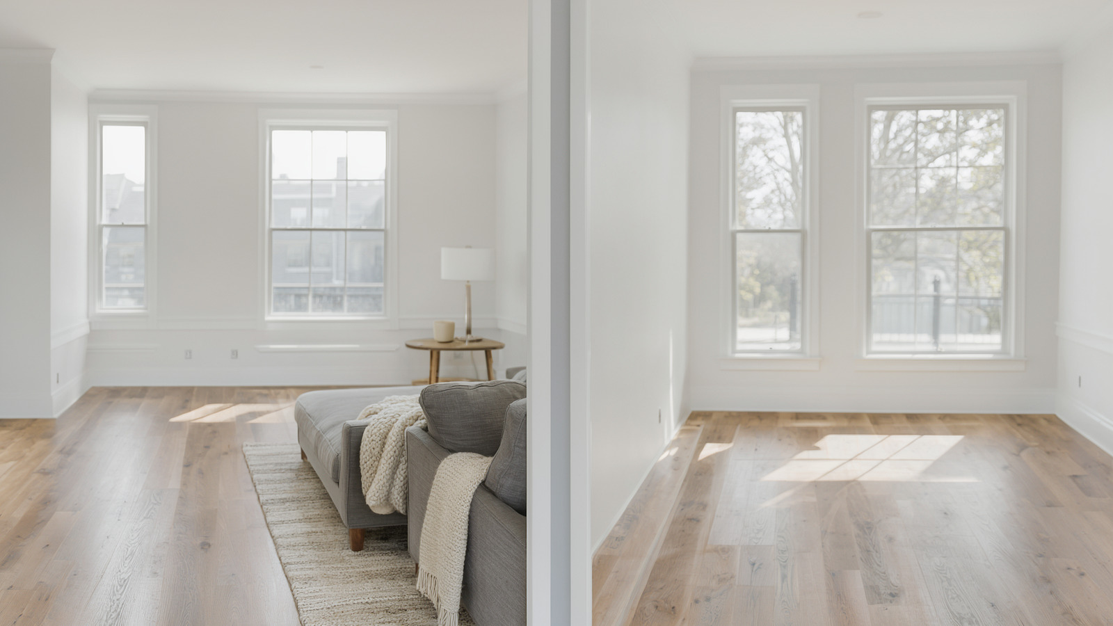 The same room shown empty and virtually staged, side by side