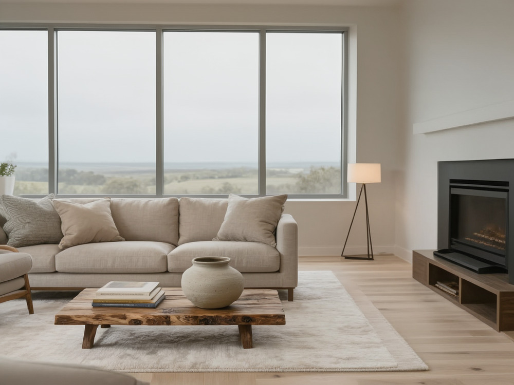 A rental living room photographed toward the window so the view reads in the frame