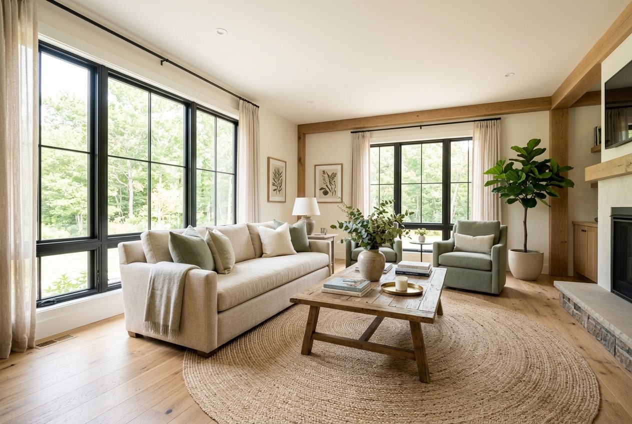 Bright, styled living room interior